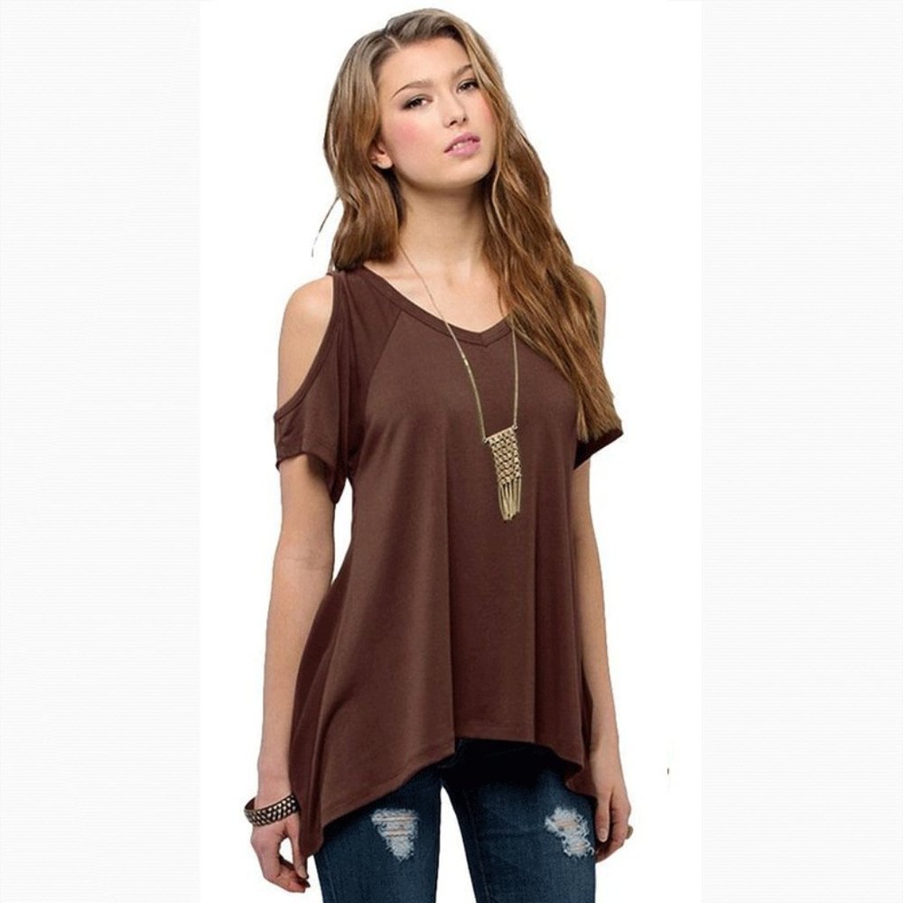 $5  Cold Shoulder V Neck Short Sleeve Loose Shirts